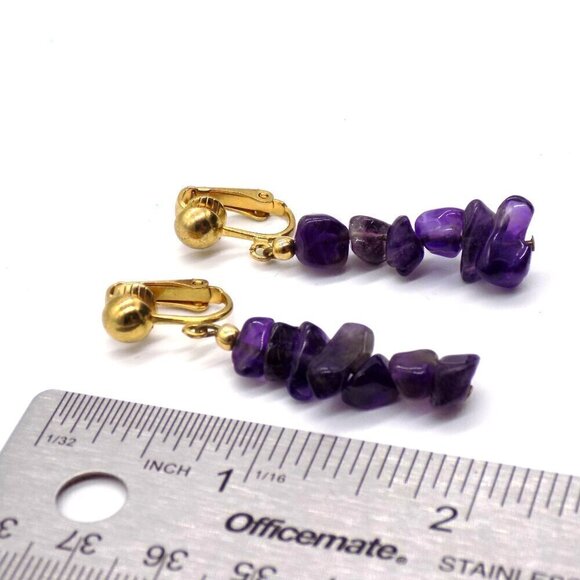 Vintage Genuine Amethyst Nuggets Dangle Drop Earrings Gold-tone Clip On - Picture 3 of 8